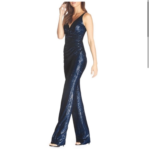 Dress The Population Sam Ruched Detail Sequin Jumpsuit